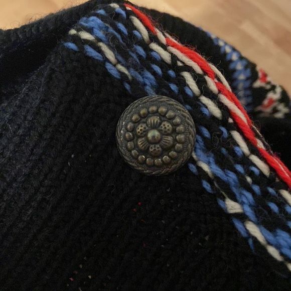 Navy Blue with Red & White Knitted Vintage 1980's Nordic Cardigan Sweater - Picture 7 of 12